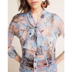 Byron Lars Pastel Blouse Blue Pink Floral Print Tie Neck Sheer Button Front SZ 2